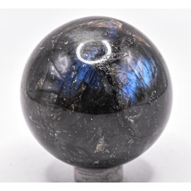 47mm 155g Blue Flash Dark Larbadorite w/Tourmaline Inclusions Carved Sphere Polished Natural Sparkling Collectible Feldspar Gemstone Crystal Mineral Ball - Madagascar + Stand