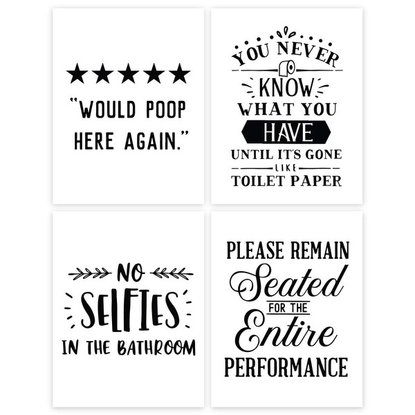 Andaz Press Funny Bathroom Toilet Restroom Unframed Wall Art, 8.5x11-inch, 5 Stars Would Poop Again, Never Know Until Its Gone Toilet Paper, No Selfies, Remain Seated for Entire Performance, 4-Pack