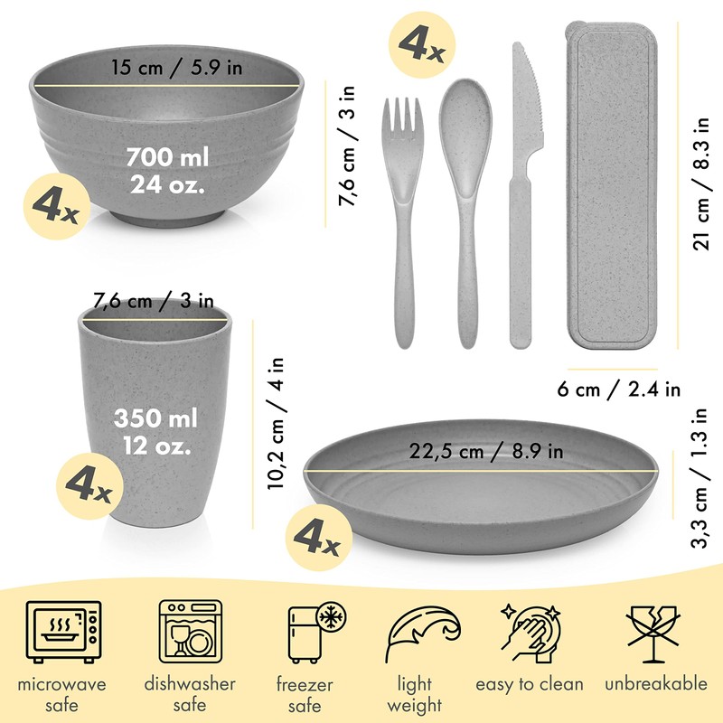 FOODLE Wheat Straw Dinnerware Sets for 4 - Lightweight &