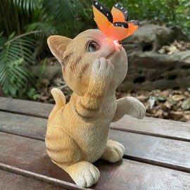 WNXURT Garden Decor Solar Cat Figurines Cat Lover Gifts with LED Butterfly Lights for Indoor Outdoor Decor for Yard Garden Patio Decor Gifts for Women Grandma Mother's Day Birthday