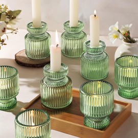 DARJEN 12 Pcs Glass Candlestick Holders- Green Taper Candlestick Holders Tealight Votive Candle Holders for Table Centerpieces, Wedding, Dinner Party, Home Decor