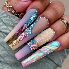 Long Press on Nails Coffin Colorful Fake Nails Acrylic Nails Strobe Reusable Glossy False Nails Artificial Jelly Nails Gel Stick on Nails for Women