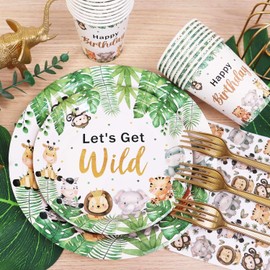 Safari Birthday Decorations Party Plates Cups and Napkins Set for 25 Guests, 125Pcs Jungle Theme Party Decorations Plates and Napkins Sets for Kids Animal Theme Birthday Decor Supplies