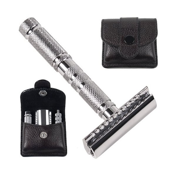 Parker Safety Razor, 4 Piece Travel Safety Razor & Leather Case - A great Travel Safety Razor that is also excellent for Everyday Use!