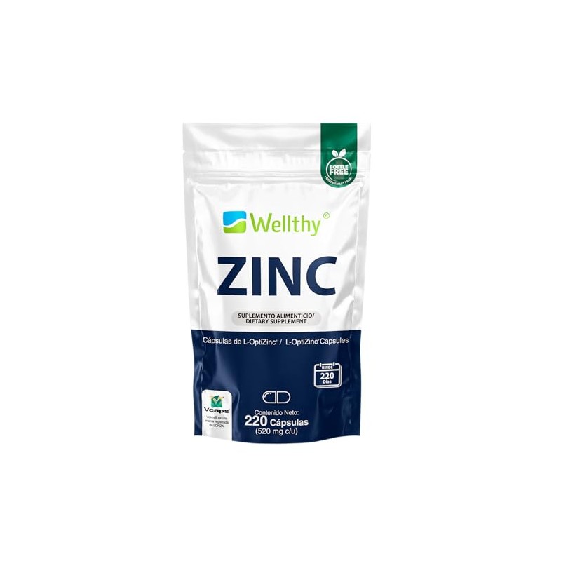 Wellthy Zinc 20mg 220 Cápsulas Hecho Optizinc Fórmula Alta Absorción