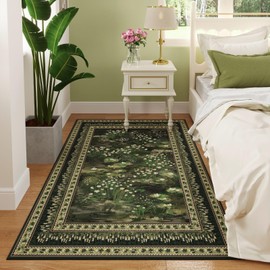 Rugcomf 4x6 Rug for Bedroom Impressionist-Style Vintage Washable Rugs Non Slip Low Pile Small Carpet for Bedside Kids Room Office Dining Room, Green