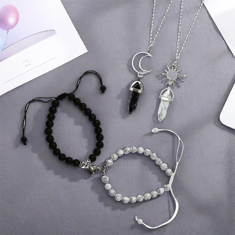 FDEETY 4 Pieces Jewellery Set Couple Bracelet Necklace Women Men