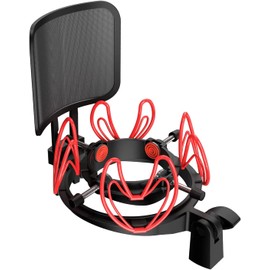 Universal Microphone Shock Mount with Pop Filter for Condenser Microphones Size at 21-62mm Anti-Vibration Mic Holder Clip(Red)