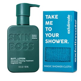 Green Heart Labs Brilliant Booty Kit | Butt Acne Clearing Lotion & ExfoliMATE Magic Body Exfoliating Cloth for Soft & Young Skin (Aqua)