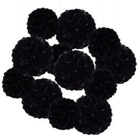 Hocansen 12Pcs Tissue Paper Pompoms 10/12in Paper Flower Ball for Birthdays and Special Occasions Party Hanging Decoration (10in+12in，Black)