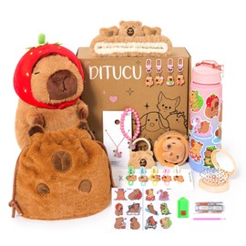 Ditucu Strawberry Capybara Plush Gifts for Girls 4 5 6 7 8 9 10 Years Old with Stuffed Animal/Stickers/Water Bottle/Bag/Coin Purse/Keychains/Hair Accessories/Comb/Necklace/Bracelet Plushies Toys Set