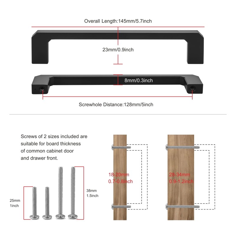 TUNNY 10 Pack Modern Cabinet Handles-5"/128mm Screw Spacing Matte Black