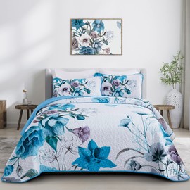 Drucon Blue Floral Quilt Set Queen 3 Pieces Boho Flower Quilt Coverlet Set Soft Microfiber Lightweight Floral Quilted Bedspread with 2 Pillow Shams for All Season 90"x96"