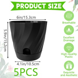 Sibosen Blumentopf 15,5 cm,5er-SetKunststoff blumentöpfe mit Untersetzer und Abflusslöchern, Rund pflanztöpfe für Innen Außen Pflanzen Schwarz