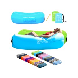 Nevlers Blue & Green Inflatable Couch 2 Pack | 210T Polyester Blow Up Couch | No-Pump Inflatable Chair Set | Sofa Bed Chair w/ 450 lbs. Capacity, Pockets & Carry Bags for Use as Portable Hammock