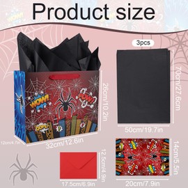 Spider Gift Bag Set, Spider Theme Goodie Favors Candy Bag Wrapping Paper Greeting Cards Envelope Cartoon Theme Party Supplies for Men Kids Boys Birthday Party Decoration