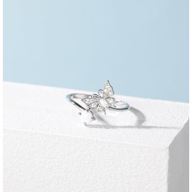 TIGRADE 925 Sterling Silver Adjustable Created Opal Rings Stacking Rings for Women Cubic Zirconia Dainty Eternity Ring, Butterfly, Size 7