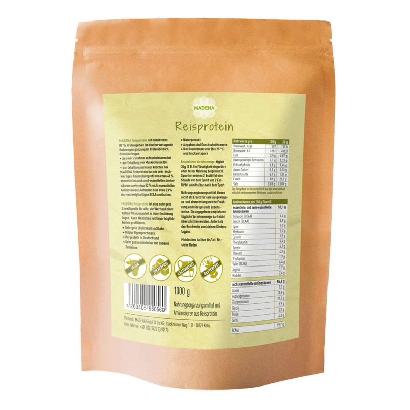 MADENA Rice protein, 87% protein content, 1 kg vegan protein,
