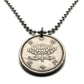 1957 Japan Nippon 50 Yen coin pendant Chrysanthemum blossom flower plant Japanese jewelry Tokyo Yokohama Kobe Osaka Sapporo Nagoya Fukuoka Saitima Kyoto Sendai Okinawa Chiba Hiroshima Niigata n000089
