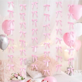 6Pcs Pink/Black Satin Ribbon Bow Garland Hanging Party Decorations for Girls' Birthday Baby Shower Bridal Shower (Pink)