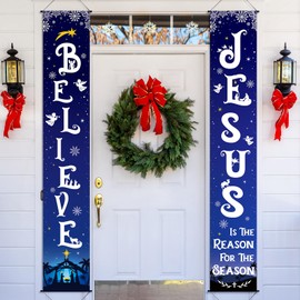 Christmas Front Porch Banners Religious Nativity Scene Sign Holiday Hanging Banner Xmas Decoration for Front Door Believe Jesus Is the Reason for the Season 12 x 71 Inch (Snowflake)
