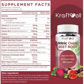 Kraftvoll Nitric Oxide Beet Root Gummies with Grapeseed Powder, Pomegranate Powder, Vitamin C & B12 – Sugar-Free, Mixed Berry Flavor – 60 Gummies