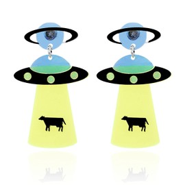 KaFu Unique Cute UFO Spaceship Alien Acrylic Dangle Earrings Funny Cartoon Acrylic Resin Lightweight UFO Airship Drop Earrings for Women Jewelry (yellow)