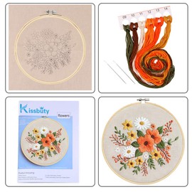 KISSBUTY Embroidery Kit with Pattern, Bamboo Hoop, Color Threads, Floral Pattern (Flowers), for Kid