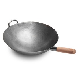 Craft Wok Big 16 Inch Heavy Hand Hammered Carbon Steel Pow Wok with Wooden and Steel Helper Handle (Round Bottom) / 731W138