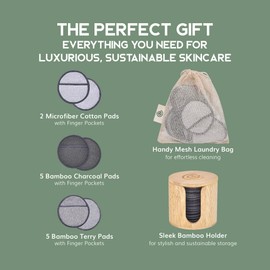 Greenzla Reusable Makeup Remover Pads Premium Set, 12 Pack Microfiber Cotton Pads, Charcoal Cotton Rounds, Bamboo Terry Face Wipes for All Skin Types with Mesh Laundry Bag and Bamboo Storage
