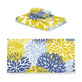 OTVEE Blue Yellow Navy Chrysanthemum Flowers Set of 3 Towels, 1 Bath Towel + 1 Hand Towel + 1 Washcloth for Kitchen Bathroom Decor