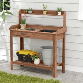 Giantex Wood Potting Bench Table, Garden Work Bench Station w/Removable Sink, Storage Shelves & Drawer, Solid Wood Construction, Outdoor Workstation Table for Porch, Patio, Backyard (Brown)