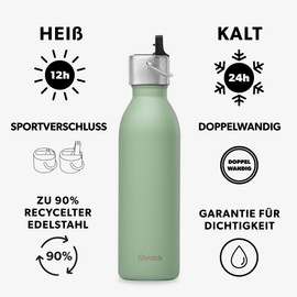 Qwetch - Water Bottle 600 ml Stainless Steel Linden Green - Thermos Flask Made of 90% Recycled Stainless Steel with Sports Cap - 24 Hours Cold & 12 Hours Hot - Insulated Flask, Leak-Proof, BPA-Free