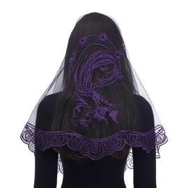 Bozidol Church Catholic Veils for Women, Black Purple Long D Shape Immaculate Heart of Mary Embroidered Lace Mantilla Chapel Veil, Lent Advent Prayer Head Coverings with Clips