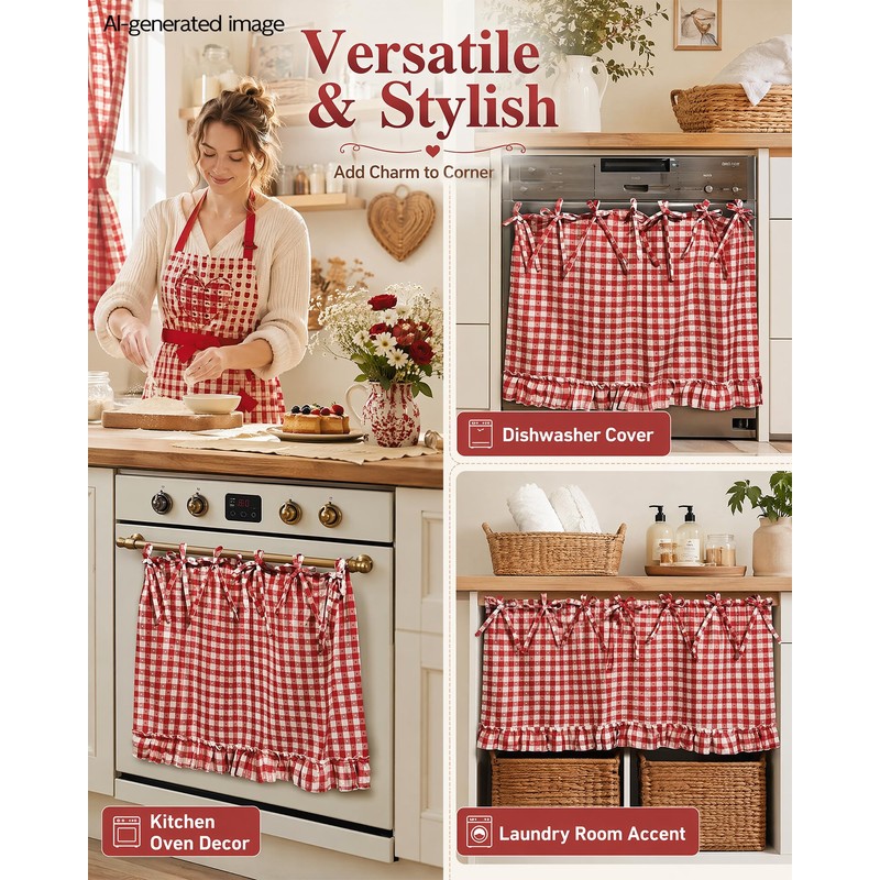 Handmade Check Oven Skirts, Oven Curtain for Farmhouse Kitchen (Black)