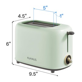 KuHAUS Retro 2 Slice Toaster, 6 Browning Control, Dust Cover, Removable Crumb Tray, Cord Storage, Vintage Design for Bread & Waffles (Mint)