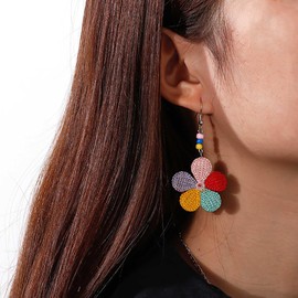 Inilbran Boho Colourful Flower Hoop Earrings Vintage Handmade Braided Rattan Flower Earrings Rainbow Flower Drop Earrings Handmade Flower Dangle Earrings Jewellery for Women and Girls, Zinc, No