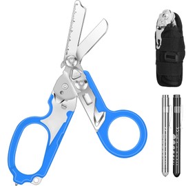 Dekeliy 6 In1 Multifunction Emergency Response Shears, Stainless Steel Foldable Trauma Shears with Strap Cutter and Glass Breaker,Medical Scissors with Holster and Penlight Blue