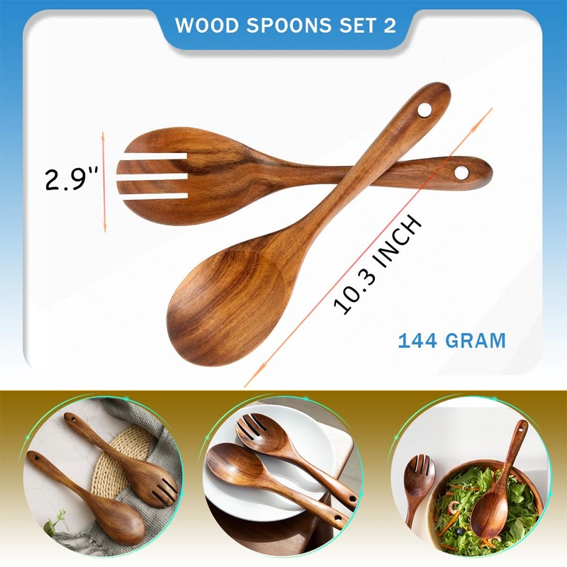 Teak Wooden Salad Fork and Spoon, Wooden Salad Spoons 10.2