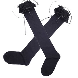 Patiky Thigh High Stocking Lolita Lace Top Over the Knee High Socks for Women Girls Cotton Long Socks PTK12-3N (US, Alpha, One Size, Black)