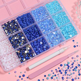 12000 Pcs Blue Flatback Nail Pearl and Resin Rhinestones for Crafting, Mixed Sizes 3/4/ 5 mm Jelly Rhinestone for Bedazzling, Half Pearls for Nails Gems Crystal DIY Mugs Makeup Crafts