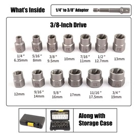 3/8” Drive Impact Bolt Nut Extractor Set, 13 Pcs Lug Nut Remover Kit 1/4”-3/4” Twist Socket Tool Set with a 1/4” Hex Drive to 3/8” Socket Adapter