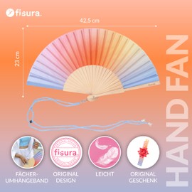 FISURA Blue and Orange Gradient Wooden Fan Stylish Unique Summer Accessory Original Handheld Fan with Hanger Dimensions: 42.5 x 23 cm
