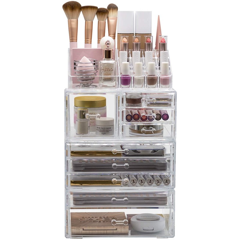 Sorbus Large Clear Makeup Organizer - Detachable 4-Piece Jewelry &