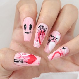 Sethexy Pink Long Coffin Nails Press On Handmade Painted Acrylic False Nails Funny Shiny False Nails for Women and Girls 20 Pieces (X)