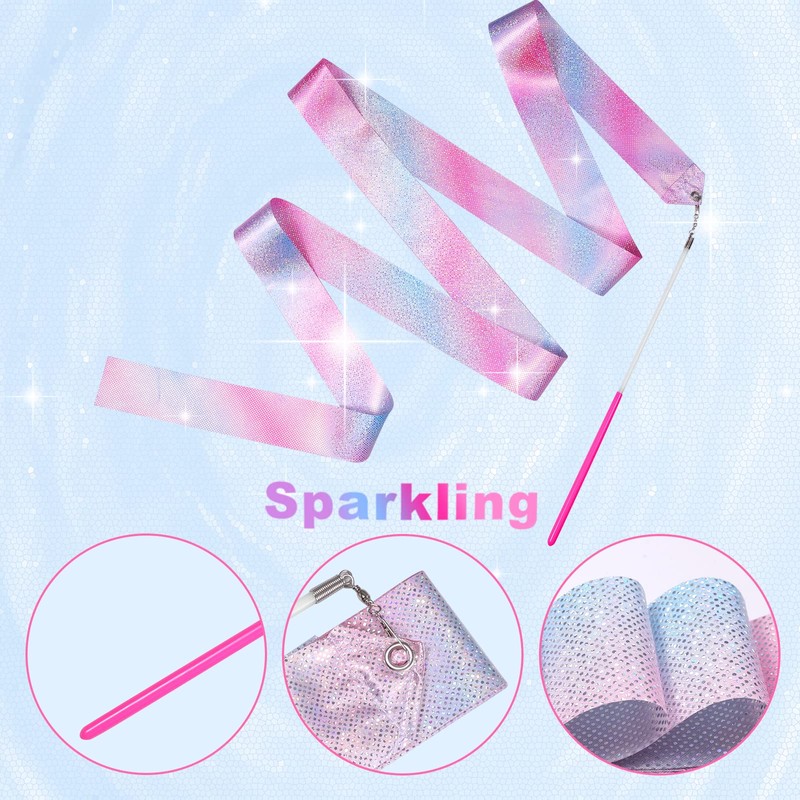 AIEX 4 Pcs Dance Ribbons, Sparkling Pink Gymnastics Ribbon Wand