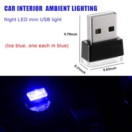 Kewucn 4 PCS USB LED Car Interior Atmosphere Lamp, Portable Mini LED Night Light, Plug-in Night Light Car Ambient Lighting Kit, Automotive Interior Decor Light for Most Vehicles (2 Blue+2 Ice Blue)