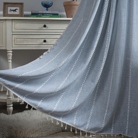 WAZZIO Slate Linen Curtains 84 inch Length 2 Panels,Rod Pocket Farmhouse Style White Embroidery Striped Cotton Room Darkening Bohemian Aesthetic Curtain for Bedroom Living Room Curtains Draperies