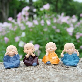 LUXCKY 4 Monks Figurine Statue Cute Little Monks Hear No Evil See No Evil Speak No Evil Do No EvilStatue Wealth Lucky Figurine Showpiece Home Miniature Baby Buddha Decor Gift