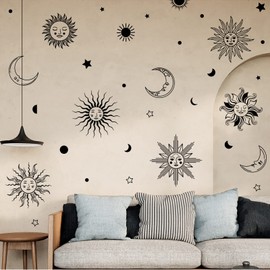 PLIGREAT Sun Crescent Star Moon Faces Wall Stickers, Waterproof Removable Vinyl Peel and Stick Wall Decals for Bedroom Living Room Boho Ethnic Wall Decorations Home Indoor DIY Wall Art Decor